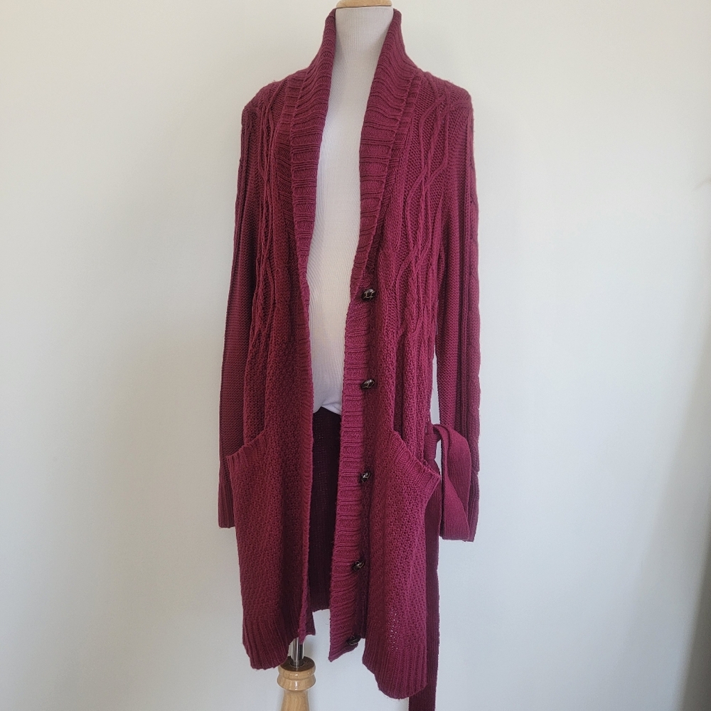 Long Sleeve Cable Knit Womens Purple Cardigan Chunky Open Front Sweater Size 2X